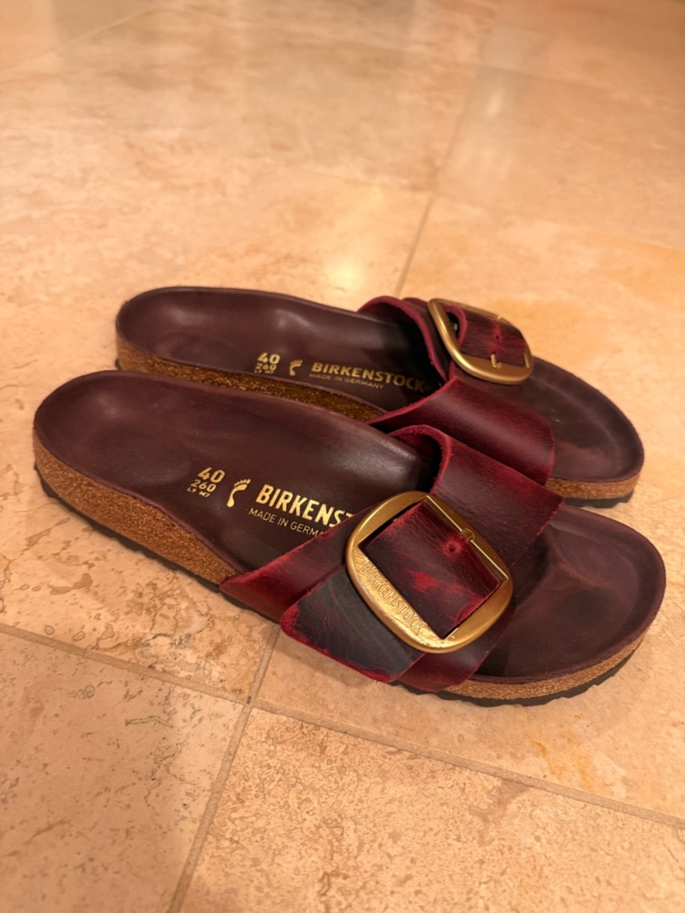 Birkenstock Single Strap Slide in Burgundy with Gold Buckle- size 40